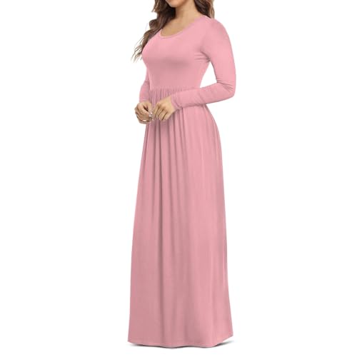 Frühlingskleid Damen Lang Elegant Plissee Kleid Langarm A-Linien Kleider Rundhals Dünne Herbstkleid Damen Maxi Mit Taschen Plisseekleid Frauen Einfarbig Maxikleider Casual Winterkleider von FUPODD