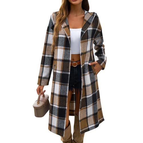 Hemdjacke Damen Kariert Lang Damen-Jacken Shacket Langarm Hemd Bluse Flanell Jacke Button Down Mantel Winter Herbstjacke Frauen Mit Kapuze Hemdbluse Casual Oberteile Lose Übergangsjacke Leicht von FUPODD