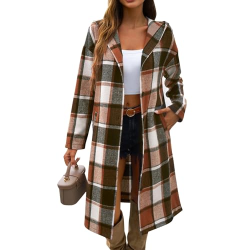 Hemdjacke Damen Kariert Lang Damen-Jacken Shacket Langarm Hemd Bluse Flanell Jacke Button Down Mantel Winter Herbstjacke Frauen Mit Kapuze Hemdbluse Casual Oberteile Lose Übergangsjacke Leicht von FUPODD