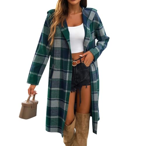 Hemdjacke Damen Kariert Lang Damen-Jacken Shacket Langarm Hemd Bluse Flanell Jacke Button Down Mantel Winter Herbstjacke Frauen Mit Kapuze Hemdbluse Casual Oberteile Lose Übergangsjacke Leicht von FUPODD