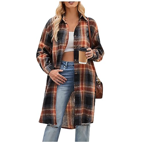 Hemdjacke Damen Kariert Lang Mantel Damen Kariertes Hemd Langarmshirt Trachtenbluse Shacket Damen-Jacken Oktoberfest Bluse Karo Tunika Tops Casual Übergangsjacke Frauen Button Down Karohemd von FUPODD