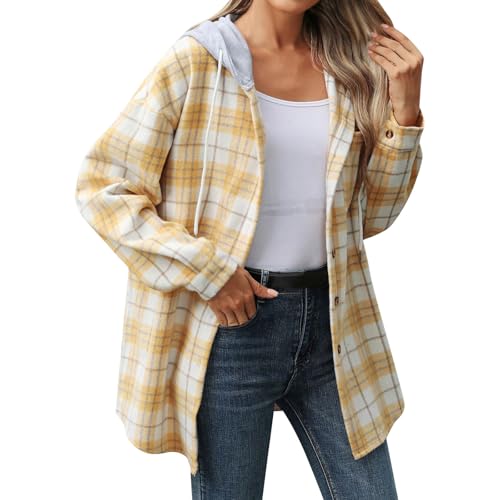 Hemdjacke Damen Kariert Mit Kapuze Wollmantel Winterjacke Frauen Warm Tweed Jacke Winter Herbstmantel Mantel Mode Übergangsjacke Button Shackets Langarm Bluse Casual Wintermantel Baggy von FUPODD