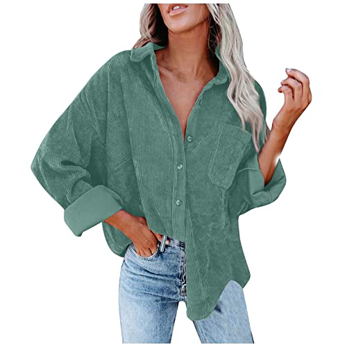 Hemdjacke Damen Oversize Jacke Damen Winter Button Down Damen-Jacken Corduroy Dünne Cordjacke Damen Cord Hemd V-Ausschnitt Langarm Bluse Mit Tasche Casual Jacke Musselin übergangsjacke Frauen von FUPODD