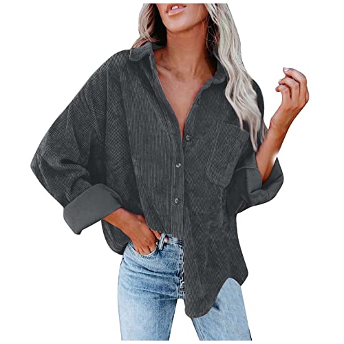 Hemdjacke Damen Oversize Jacke Damen Winter Button Down Damen-Jacken Corduroy Dünne Cordjacke Damen Cord Hemd V-Ausschnitt Langarm Bluse Mit Tasche Casual Jacke Musselin übergangsjacke Frauen von FUPODD
