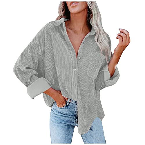 Hemdjacke Damen Oversize Jacke Damen Winter Button Down Damen-Jacken Corduroy Dünne Cordjacke Damen Cord Hemd V-Ausschnitt Langarm Bluse Mit Tasche Casual Jacke Musselin übergangsjacke Frauen von FUPODD