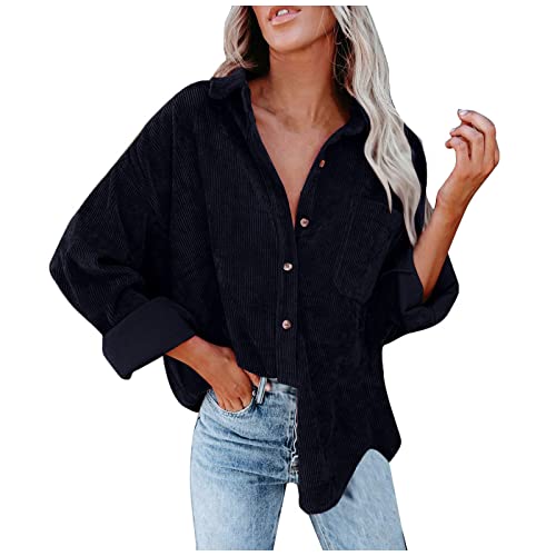 Hemdjacke Damen Oversize Jacke Damen Winter Button Down Damen-Jacken Corduroy Dünne Cordjacke Damen Cord Hemd V-Ausschnitt Langarm Bluse Mit Tasche Casual Jacke Musselin übergangsjacke Frauen von FUPODD