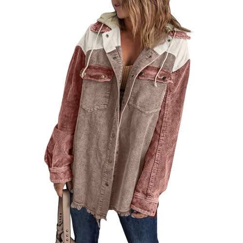 Hemdjacke Damen Oversized Cordjacke Damen Winter Herbstjacke Button Down Corduroy Leichte Jacket Cord Hemd Mit Kapuze Langarm Bluse Mit Tasche Casual Jacke Musselin Bluse Frauen Elegant von FUPODD