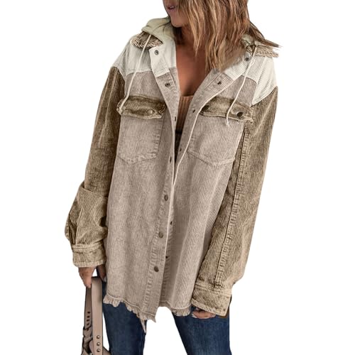 Hemdjacke Damen Oversized Cordjacke Damen Winter Herbstjacke Button Down Corduroy Leichte Jacket Cord Hemd Mit Kapuze Langarm Bluse Mit Tasche Casual Jacke Musselin Bluse Frauen Elegant von FUPODD