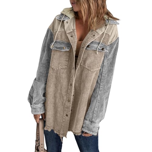 Hemdjacke Damen Oversized Cordjacke Damen Winter Herbstjacke Button Down Corduroy Leichte Jacket Cord Hemd Mit Kapuze Langarm Bluse Mit Tasche Casual Jacke Musselin Bluse Frauen Elegant von FUPODD