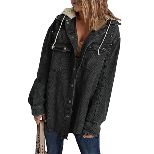 Hemdjacke Damen Oversized Cordjacke Damen Winter Herbstjacke Button Down Corduroy Leichte Jacket Cord Hemd Mit Kapuze Langarm Bluse Mit Tasche Casual Jacke Musselin Bluse Frauen Elegant von FUPODD