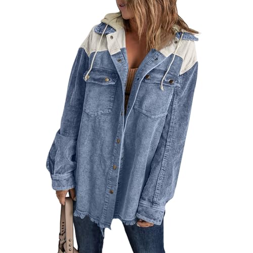 Hemdjacke Damen Oversized Cordjacke Damen Winter Herbstjacke Button Down Corduroy Leichte Jacket Cord Hemd Mit Kapuze Langarm Bluse Mit Tasche Casual Jacke Musselin Bluse Frauen Elegant von FUPODD
