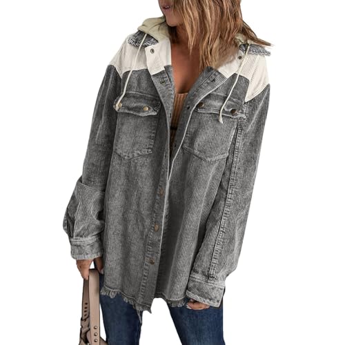 Hemdjacke Damen Oversized Cordjacke Damen Winter Herbstjacke Button Down Corduroy Leichte Jacket Cord Hemd Mit Kapuze Langarm Bluse Mit Tasche Casual Jacke Musselin Bluse Frauen Elegant von FUPODD