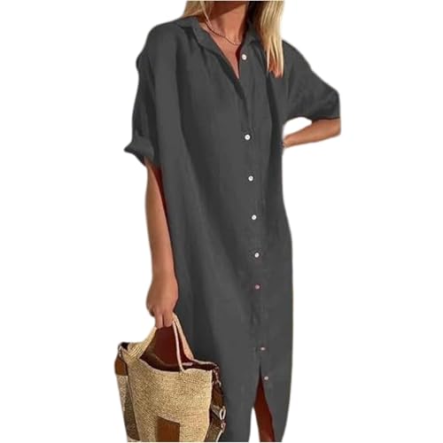 Hemdkleid Damen Sommer Lang Mit Knopfleiste Sommerkleid Elegant A Linie Maxi Kleider Kurzarm Sommerkleider Leicht Und Luftig Strandkleid Locker Maxikleider Frauen Mit Kragen Hemdblusenkleid von FUPODD