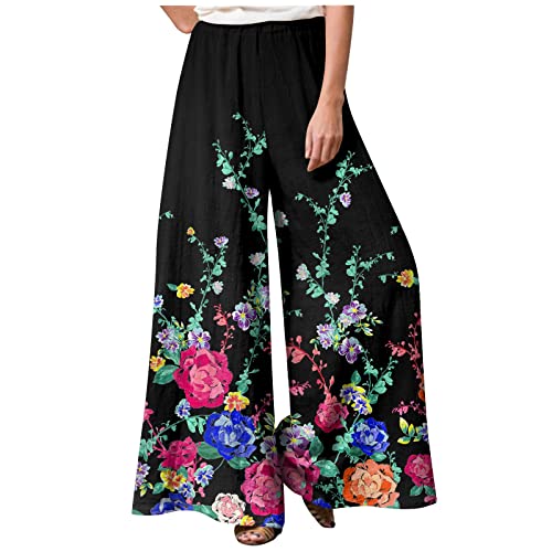 Hose Damen Sommer High Waist leichte Sommerhose Damen Blumenmuster Plissee Palazzo Hose mit Gummizug Weites Bein Freizeithose Damen Schlaghose Elegant Farbverlauf Marlenehose für Frauen von FUPODD