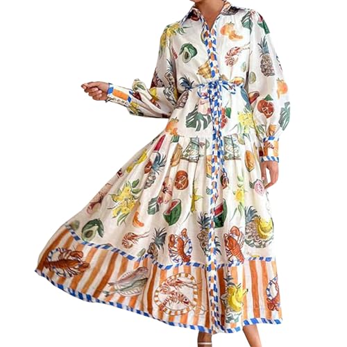 Italienische Kleid Damen Langarm Elegant Boho Frühlingskleid Tunika Kleider Maxikleid Frauen A Linie Casual Freizeitkleid Ibiza Herbstkleid Lang Blusenkleid Puffärmel Sommerkleid Binden von FUPODD