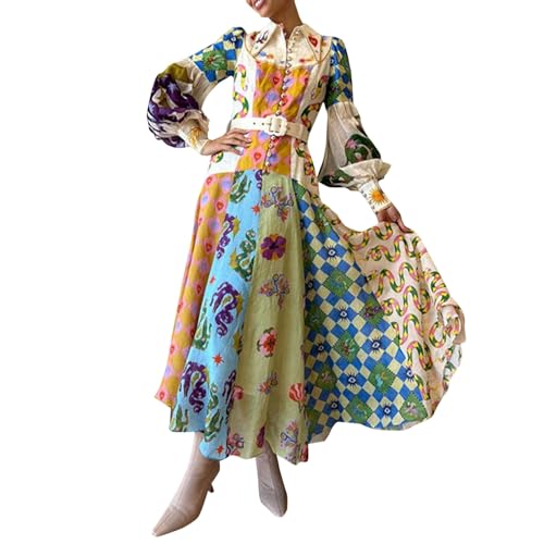 Italienische Kleid Damen Langarm Elegant Boho Frühlingskleid Tunika Kleider Maxikleid Frauen A Linie Casual Freizeitkleid Ibiza Herbstkleid Lang Blusenkleid Puffärmel Sommerkleid Binden von FUPODD