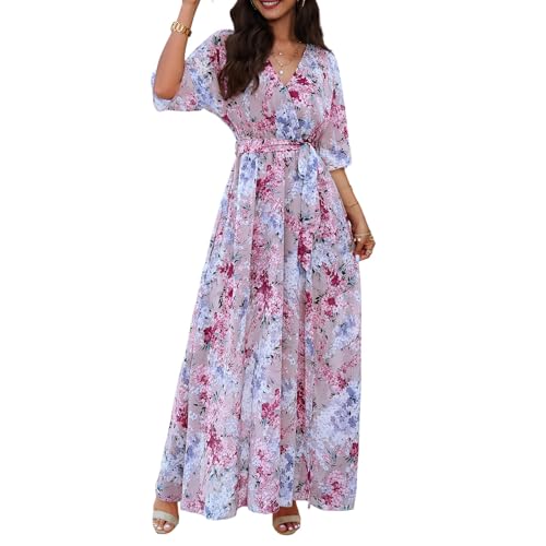 Italienische Kleider Damen Maxi Elegant Sommerkleid Frauen Lang A Linie Wickelkleid V Ausschnitt Binden Blumenkleid Mit Schlitz Boho Maxikleid Sommer Halbarm Sommerkleider Leicht Und Luftig von FUPODD