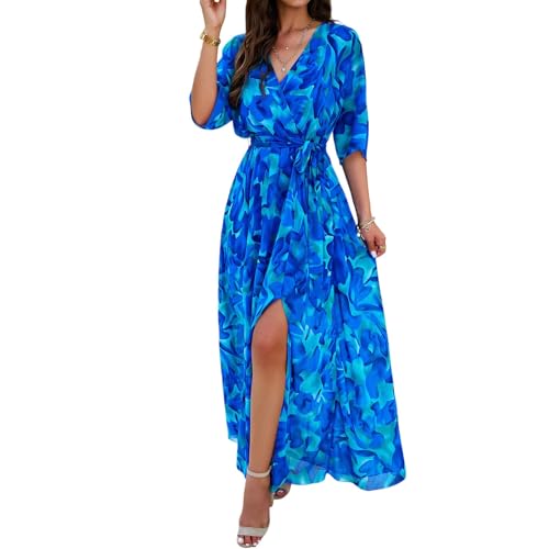Italienische Kleider Damen Maxi Elegant Sommerkleid Frauen Lang A Linie Wickelkleid V Ausschnitt Binden Blumenkleid Mit Schlitz Boho Maxikleid Sommer Halbarm Sommerkleider Leicht Und Luftig von FUPODD