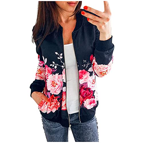 Jacke Damen Winter Bomberjacke Blumenmuster Coat Blouson Reißverschluss Damen-Jacken Frühling Jacket Mädchen Outwear College Jacke Leichte Pilotenjacke Langarm Fliegerjacke Frauen Pilotenjacke von FUPODD