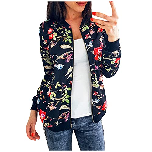 Jacke Damen Winter Bomberjacke Blumenmuster Coat Blouson Reißverschluss Damen-Jacken Frühling Jacket Mädchen Outwear College Jacke Leichte Pilotenjacke Langarm Fliegerjacke Frauen Pilotenjacke von FUPODD