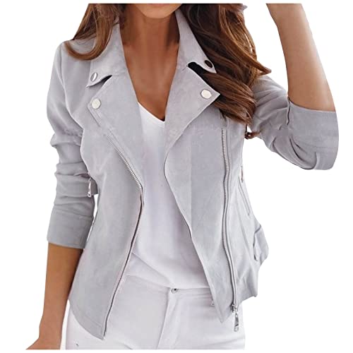 Jacke Damen Winter Herbstjacke Damen Kurze Moto Bikerjacke Mantel Damen Leicht Jacken Reverskragen Langarm Übergangsjacke Damen Boyfriend Kurzmantel Frauen mit Reißverschluss Winterjacke Kurz von FUPODD