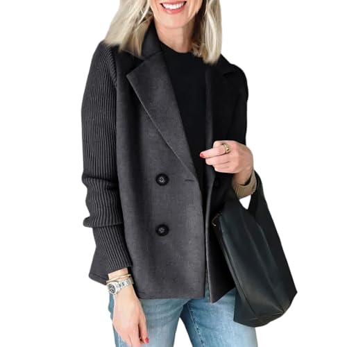 Jacke Damen Winter Kurz Elegant Blazer Tweed Übergangsjacke Business Herbstjacke Patchwork Strickjacke Zweireihig Mantel Sakko Wollmantel Frauen Anzug Damenjacke Trenchcoat Revers Damenmantel von FUPODD