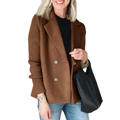 Jacke Damen Winter Kurz Elegant Blazer Tweed Übergangsjacke Business Herbstjacke Patchwork Strickjacke Zweireihig Mantel Sakko Wollmantel Frauen Anzug Damenjacke Trenchcoat Revers Damenmantel von FUPODD