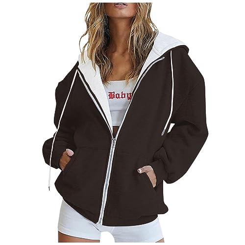 Jacke Damen Winter Oversize Sweatjacke Damen Mit Kapuze Übergangsjacke Reissverschluss Hoodie Herbstjacke Frauen Sweatshirt Kapuzenjacke Einfarbig Winterjacke Pullover Mantel Damen-Jacken von FUPODD