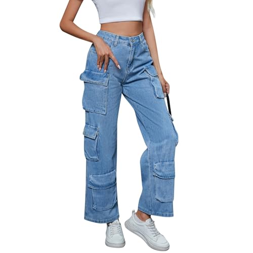 Jeans Damen High Waist Baggy Jeans Damen Y2k Cargo Jeans Boyfriend Jeans Damen Wide Leg Jeanshose Damen Straight Leg Jeans Frauen Streetwear Denim Cargohose Teenager Mädchen Mit Vielen Taschen von FUPODD