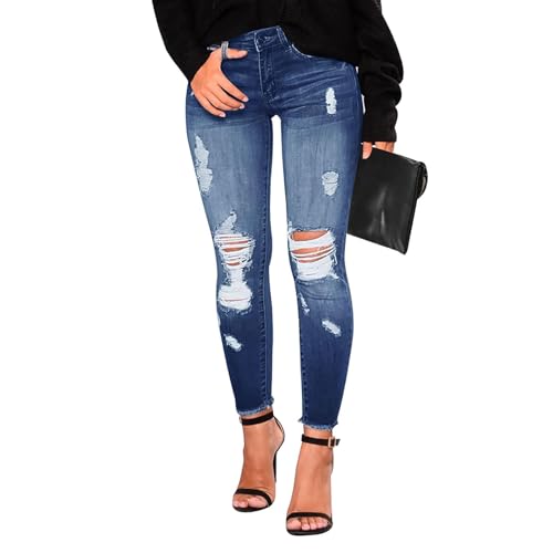 Jeans Damen Low Waist Schlupfjeans Skinny Jeanshose Frauen Slim Fit Freizeithose Schlank Röhrenjeans Zerrissene Jeanshosen Vintage Stretch Hose Denim Lässige Bleistiftjean Stylische Hosen von FUPODD