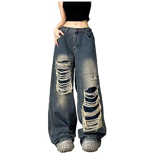 Jeans Mit Löchern Damen Y2k Baggy Wide Leg Boyfriend Jeanshosen Damen High Waist Loch Denim Jean Hose Mode Weites Bein Retro Pants Hip Hop Streetwear Zerrissenes Loch Denimhose Straight Leg von FUPODD