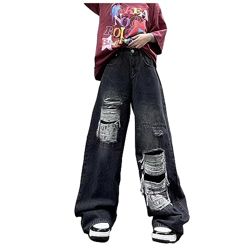 Jeans mit Löchern Damen y2k Jeans Baggy Boyfriend Jeanshosen Damen Jeans High Waist Loch Denim Jean Hose Mode Weites Bein Retro Pants Hip Hop Streetwear Zerrissenes Loch Denimhose von FUPODD