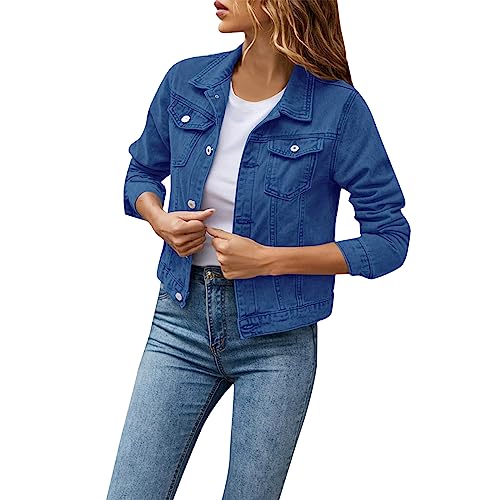 Jeansjacke Damen Kurz Stretch Übergangsjacke Modern Fransen Jeansmantel Herbst Elegant Denim Jacke für Frauen Jean Stretchy Langarm Trucker Jacke mit Tasche von FUPODD