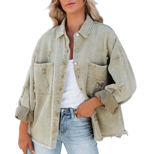 Jeansjacke Damen Oversize Damen Jeansjacke Ripped Mantel Löcher Jeansjacken Für Damen Vintage Damen-Jacken Denim Jacke Damen Winter Winter Übergangsjacke Frauen Mit Knöpfen Winterjacke Damen von FUPODD