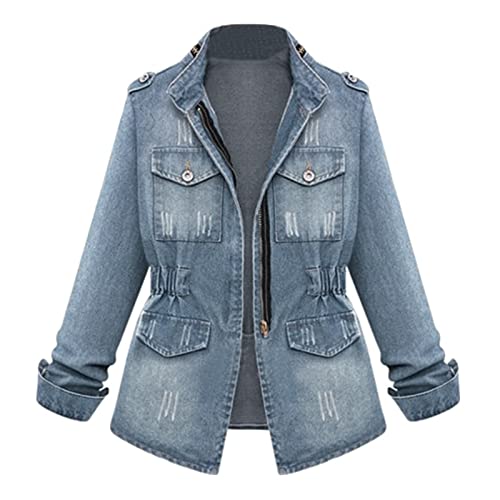 Jeansjacke Damen Tailliert Denim Frezeitjacke Mode Jeans Jacke Elegant Mantel Zipper Übergangsjacke Freizeit Jeansjacken Frauen Frühling Winter Herbstjacke Langarm Damen-Jacken Slim Fit von FUPODD