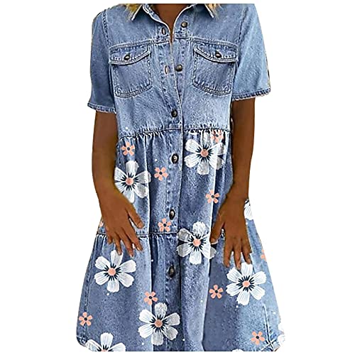 Jeanskleid Damen Sommer Kurzarm Blusenkleid Denim Sommerkleid Midi Rüschen Hemdkleid Knöpfe Tunika Kleid Blumen Jeansoptik Kleider Elegant Strandkleid A Linie Sommerkleider Leicht Und Luftig von FUPODD