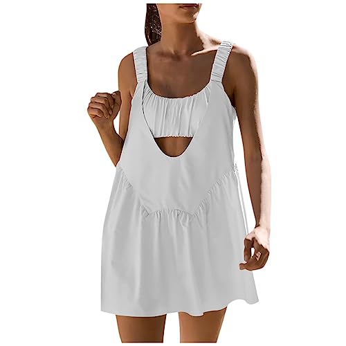 Jerseykleid Damen Mit Shorts BH Tenniskleid Rückenfrei Minikleid Träger Ärmellos Kleider Damen Elegant Schick Plissee Sommerkleid Damen Kurz Locker Durchsichtig Leicht Luftig Freizeit Strandkleid von FUPODD