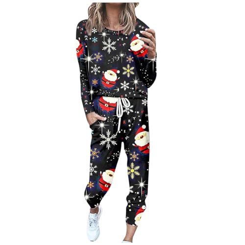 Jogginganzug Weihnachten Damen Weihnachts Schlafanzug Hausanzug Kuschelig Warm 2-Teilig Elegant Druck Freizeitanzug Set Pyja Lang von FUPODD
