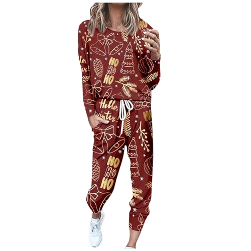 Jogginganzug Weihnachten Damen Weihnachts Schlafanzug Hausanzug Kuschelig Warm 2-Teilig Elegant Druck Freizeitanzug Set Pyja Lang von FUPODD