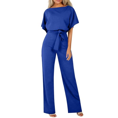 Jumpsuit Damen Elegant Festlich Jumpsuits Für Damen Sommer Lang Weites Bein Overall Mit Gürtel Playsuit Leicht Einfarbig Casual Romper Frauen Kurzarm Eleganter Hosenanzug Cut Out Onesie von FUPODD