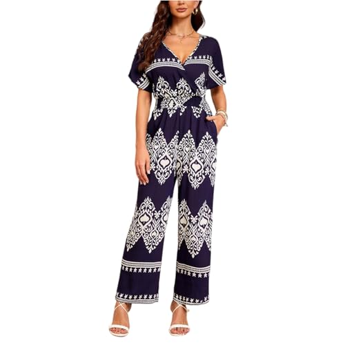 Jumpsuit Damen Sommer Boho Jumpsuits Für Damen Elegant Lang Weites Bein Overall V Ausschnitt Kurzarm Bohemian Romper Frauen Mit Tasche Blumen Hosenanzug Leicht Luftig Playsuit Strand Onesie von FUPODD
