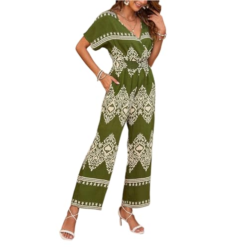 Jumpsuit Damen Sommer Boho Jumpsuits Für Damen Elegant Lang Weites Bein Overall V Ausschnitt Kurzarm Bohemian Romper Frauen Mit Tasche Blumen Hosenanzug Leicht Luftig Playsuit Strand Onesie von FUPODD