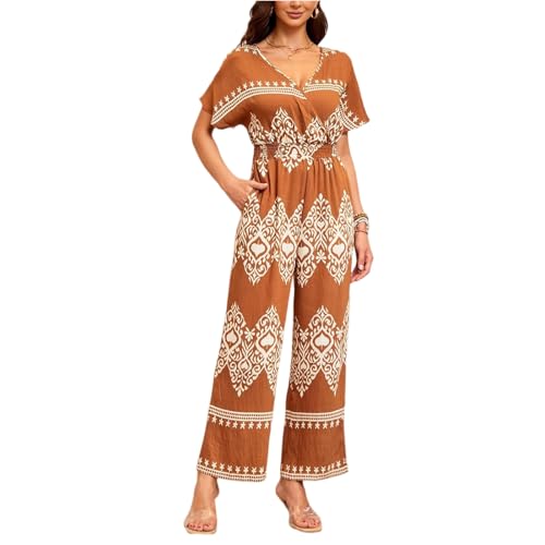 Jumpsuit Damen Sommer Boho Jumpsuits Für Damen Elegant Lang Weites Bein Overall V Ausschnitt Kurzarm Bohemian Romper Frauen Mit Tasche Blumen Hosenanzug Leicht Luftig Playsuit Strand Onesie von FUPODD