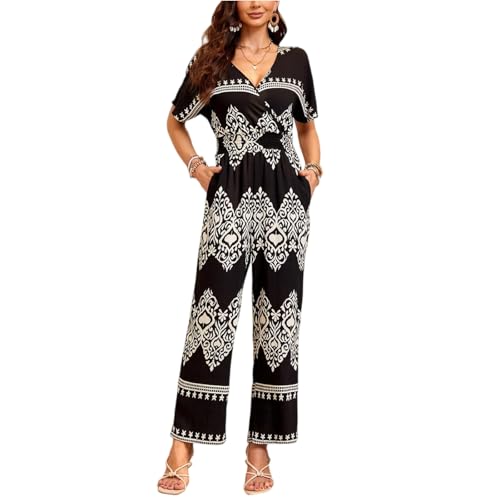 Jumpsuit Damen Sommer Boho Jumpsuits Für Damen Elegant Lang Weites Bein Overall V Ausschnitt Kurzarm Bohemian Romper Frauen Mit Tasche Blumen Hosenanzug Leicht Luftig Playsuit Strand Onesie von FUPODD