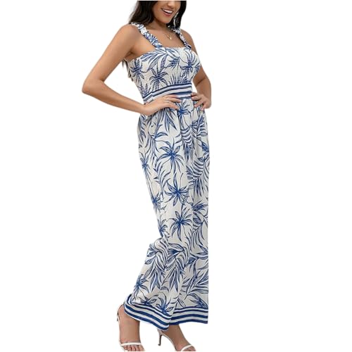 Jumpsuit Damen Sommer Boho Overall Damen Elegant Lang Träger Gesmoktes Jumpsuits Weites Bein Rückenfrei Romper Mit Tasche Playsuit Bohemian Blumen Hosenanzug Frauen Plissee Onesie Strand von FUPODD