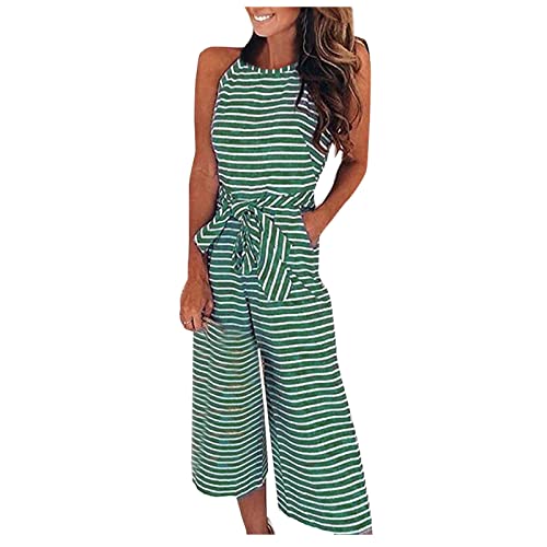 Jumpsuit Damen Sommer Elegant Gestreift Overall 7/8 Lang Mit Gürtel Playsuit Neckholder Einteiler Weites Bein Jumpsuits Für Damen Mit Tasche Onesie Ärmellos Romper Frauen Streifen Hosenanzug von FUPODD
