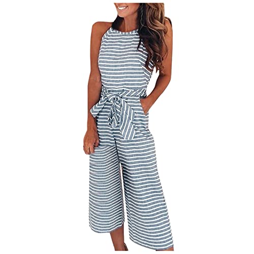 Jumpsuit Damen Sommer Elegant Gestreift Overall 7/8 Lang Mit Gürtel Playsuit Neckholder Einteiler Weites Bein Jumpsuits Für Damen Mit Tasche Onesie Ärmellos Romper Frauen Streifen Hosenanzug von FUPODD