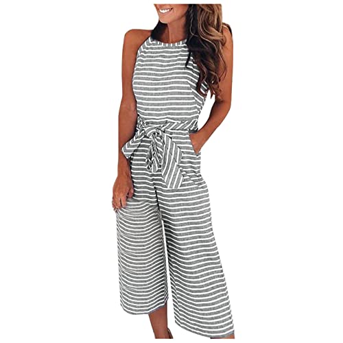 Jumpsuit Damen Sommer Elegant Gestreift Overall 7/8 Lang Mit Gürtel Playsuit Neckholder Einteiler Weites Bein Jumpsuits Für Damen Mit Tasche Onesie Ärmellos Romper Frauen Streifen Hosenanzug von FUPODD