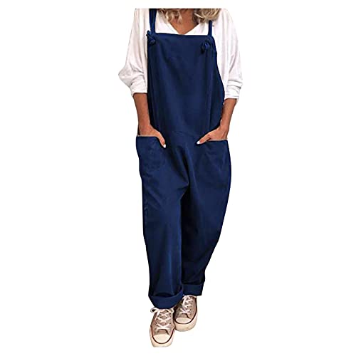 Jumpsuit Damen Sommer Lang Casual Locker Latzhose Mit Träger Jumpsuits Mit Tasche Romper Oversize Baumwolle Leinen Einteiler Ärmellos Playsuit Elegant Einfarbig Overall Frauen Große Größen von FUPODD