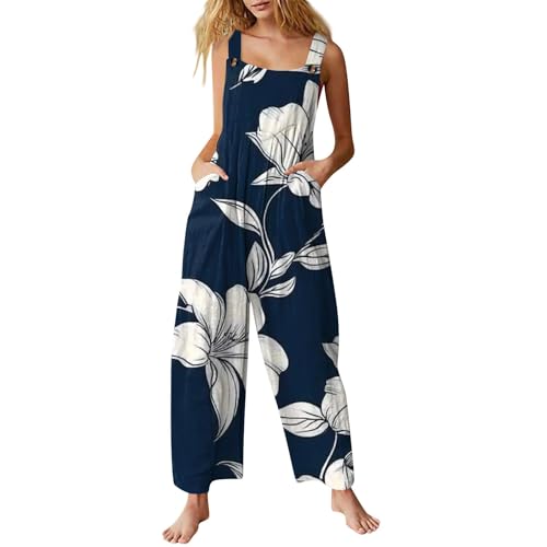 Jumpsuit Damen Sommer Lang Elegant Leinen Jumpsuits Für Damen Overall Freizeit Latzhosen Plissee Onesie Baggy Einteiler Floral Romper Playsuit Mit Träger Knöpfe Arbeitsoverall Große Größen von FUPODD
